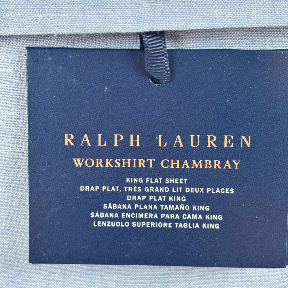Ralph Lauren Workshirt Chambray King Flat Sheet Blue 100%Cotton NEW $245 Online!
